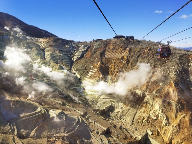 Hakone Hot Springs Town as seen from the ropeway
Steam rises from the hot springs